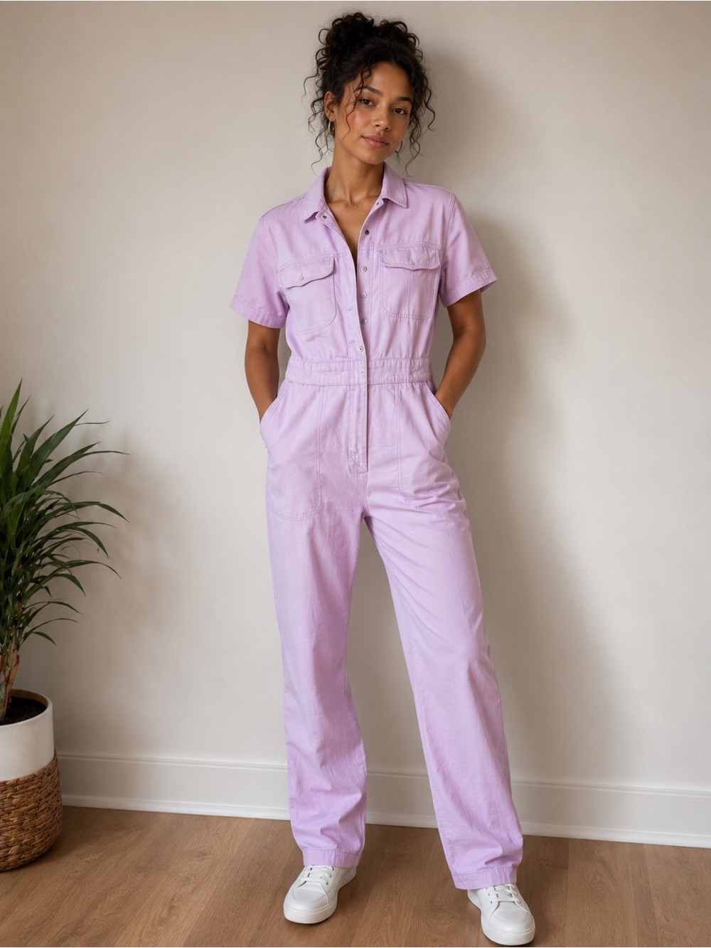 BDG Lilac Short-Sleeve Utility Jumpsuit
